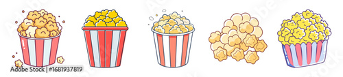 Cartoon style popcorn buckets and scattered popcorn for movie snack fun