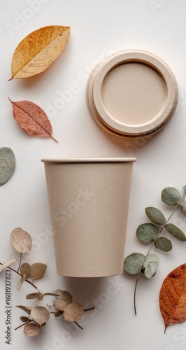 Beige paper cup and lid, surrounded by autumn leaves and eucalyptus