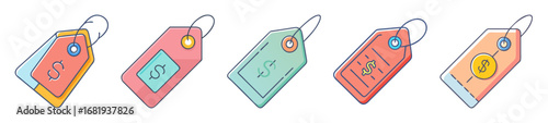 Five colorful cartoon price tags with dollar sign icons for shopping
