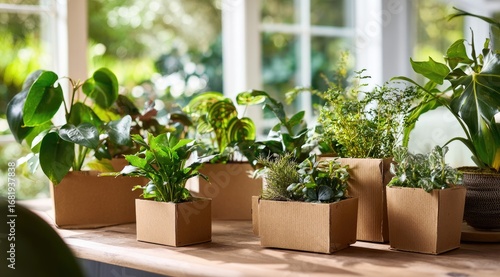 Potted plants in craft cardboard boxes on a table near a window