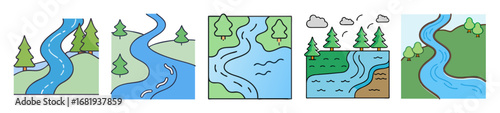 Five varied cartoon illustrations showcasing river landscapes with trees and hills