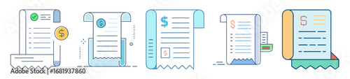 Collection of illustrated bills and receipts with various shapes and colors