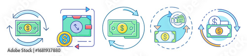 Vector illustration depicting different types of money transactions and financial transfers