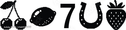 Isolated black and white pixelated slot machine fruit symbols set