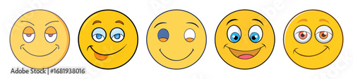 Five expressive yellow emoji faces displaying different emotions and expressions