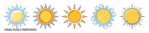 Collection of Diverse Sun Illustrations in Cartoon Style on White Background