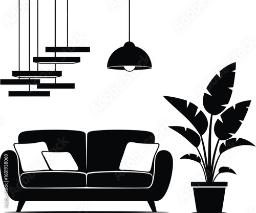 Black and white living room interior with sofa plant and lighting