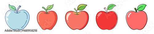 Five cartoon apples with different red tones and one transparent one