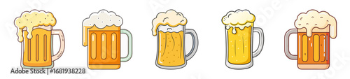 Collection of cartoon beer mugs with overflowing foam, golden lager and ale