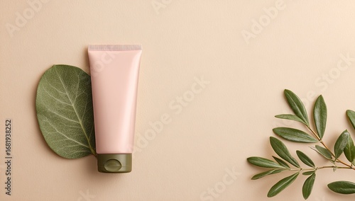 Light beige background, a tube of light pink cream, and green leaves