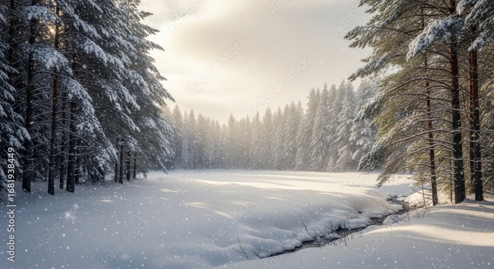 Naklejka premium Serene winter landscape with snow covered trees and light snowfall creating a magical atmosphere in the forest