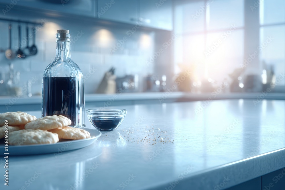 Obraz premium Bottle of dark liquid, cookies, and a bowl on a modern kitchen counter with sunlight.