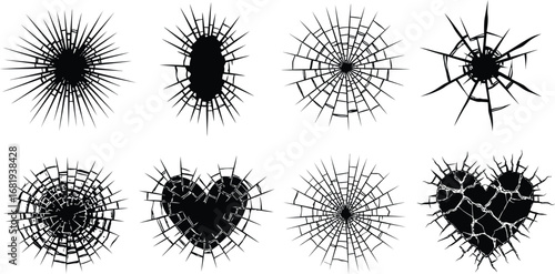Collection of eight cracked glass designs on a white background