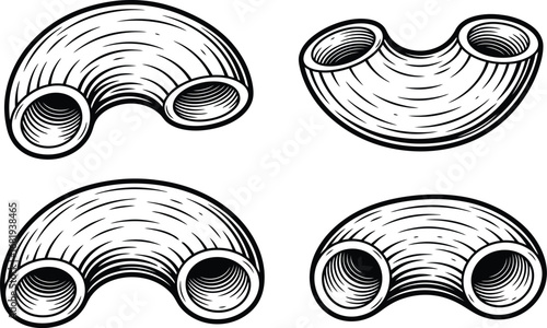 Illustration of four macaroni pasta pieces in black and white style