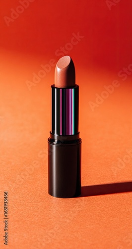 A light beige lipstick in a black cylindrical case,  with colorful stripes inside