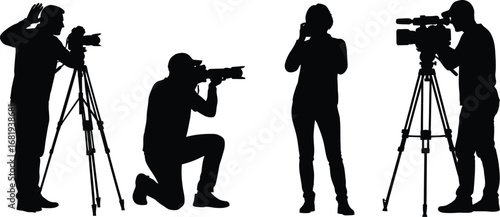 Silhouettes of photographers and videographers against white backdrop
