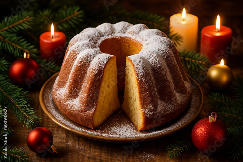 Traditional Central European bundt cake (kuglóf) served on a festive holiday table with seasonal decorations
