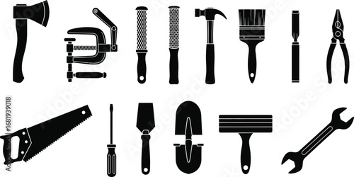 Illustration of various black silhouette tools on a white background