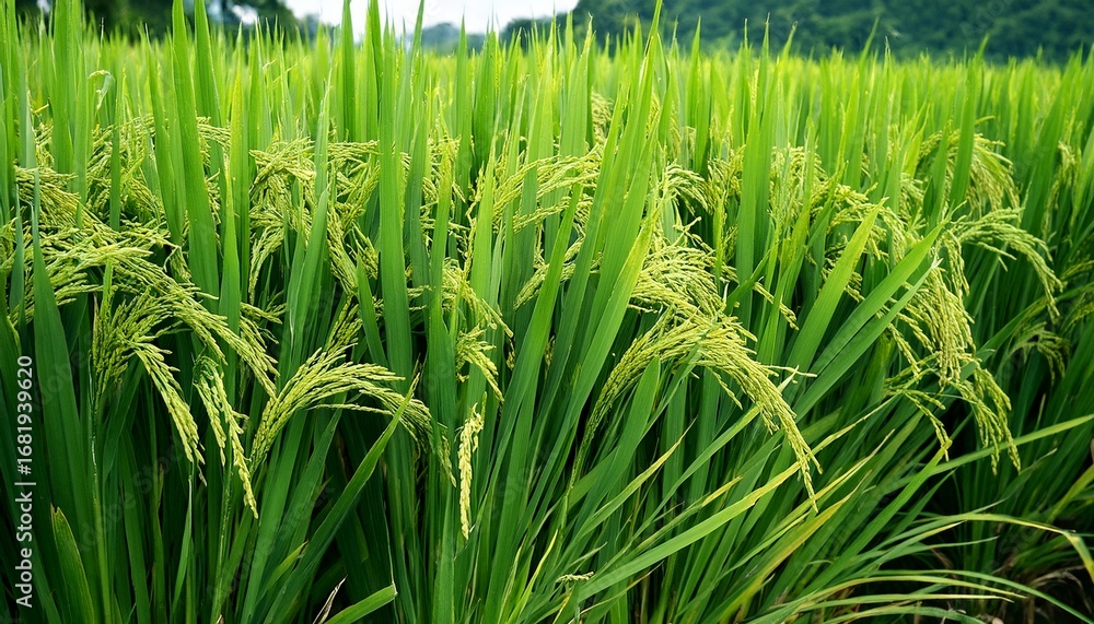 Fototapeta premium dense green rice plant with long leaves and slender spikes