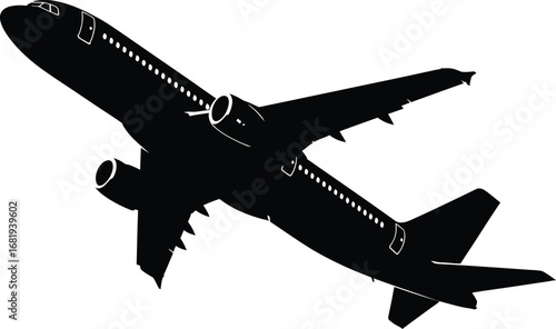 Silhouette of a passenger airplane taking off against white background
