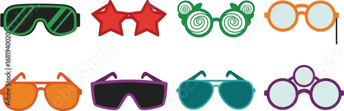 Various colorful and uniquely shaped sunglasses arranged on a white base