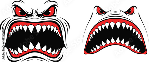 Two cartoonish monster faces with red eyes and sharp teeth drawn