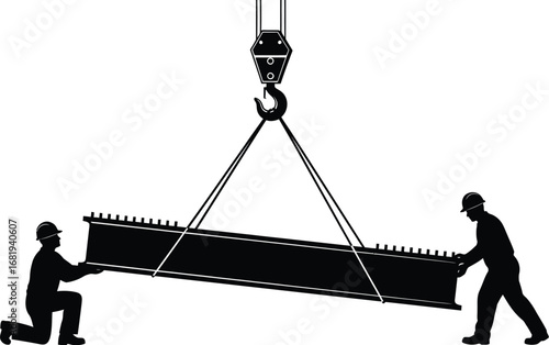 Silhouette of workers lifting steel beam with crane on white background