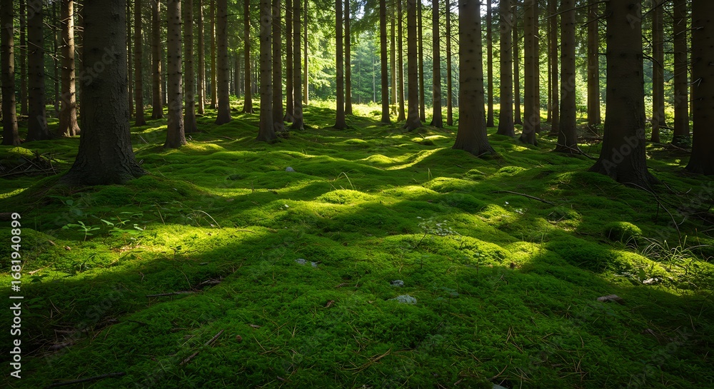 Fototapeta premium Sunlit Forest Floor with Green Moss and Tall Trees.