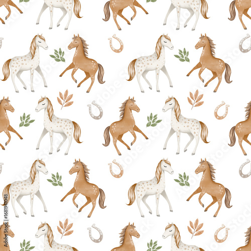 Seamless watercolor pattern featuring horses and horseshoes, painted in a soft watercolor style. Perfect for textiles, wallpaper, children's designs, equestrian themes, and farmhouse decor.