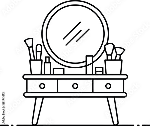 Illustration of vanity table with mirror and makeup accessories