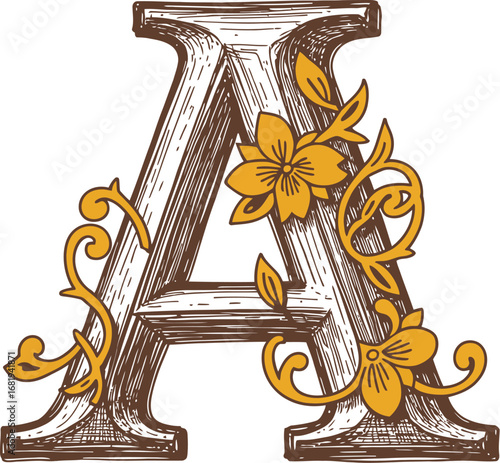 Letter a floral design vintage alphabet initial flower illustration