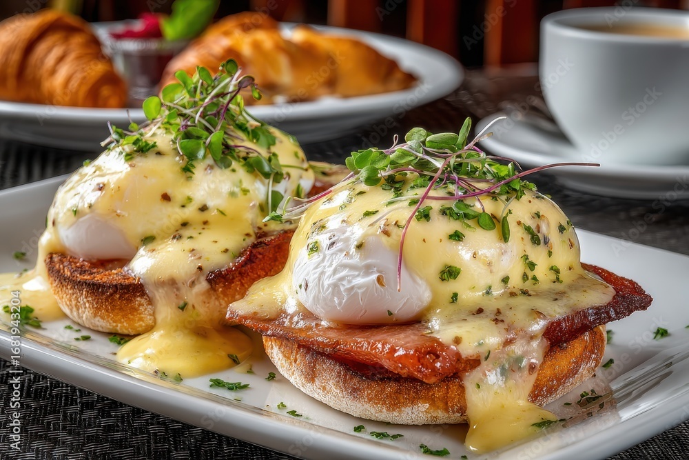 Classic Eggs Benedict with creamy hollandaise, poached eggs, and bacon. Classic Eggs Benedict with creamy hollandaise, poached eggs, and bacon.
