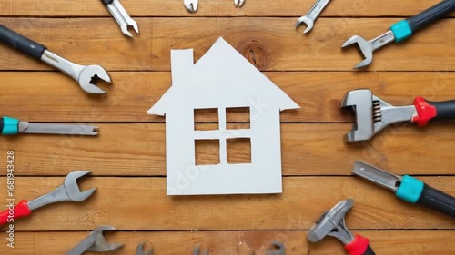 Tools arranged around a house silhouette on a wooden surface, symbolizing home repair and renovation