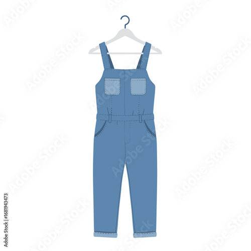 Denim overalls hanging on a hanger on a transparent background.