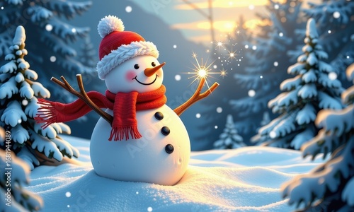 Joyful snowman serenades winter wonderland with cheerful song, landscape, jolly, adorable