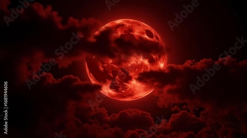 Dramatic blood moon emerges through ominous clouds, casting an eerie glow across the star-filled night sky, perfect for cosmic storytelling.