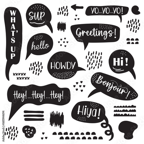 Abstract black ink isolated hello and greetings speech bubbles icons design elements set with heart sign and textures on white background