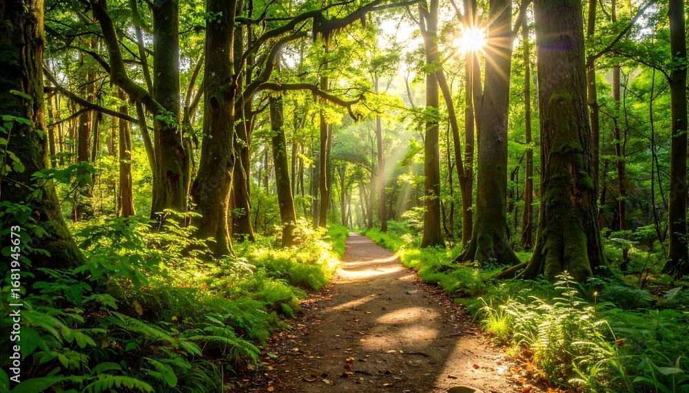 Obraz premium Sunlight streams through a lush forest path, illuminating the vibrant green foliage and ancient trees.