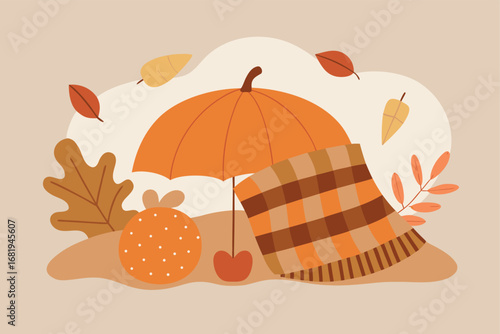 Autumnal Illustration with Pumpkin Umbrella Scarf and Leaves