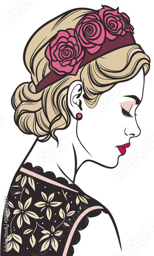  woman blonde curly hair pink rose headband 