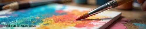Close-up of a paintbrush resting on a canvas, surrounded by art supplies; a serene scene suggesting creative leisure time , pencils, colorful