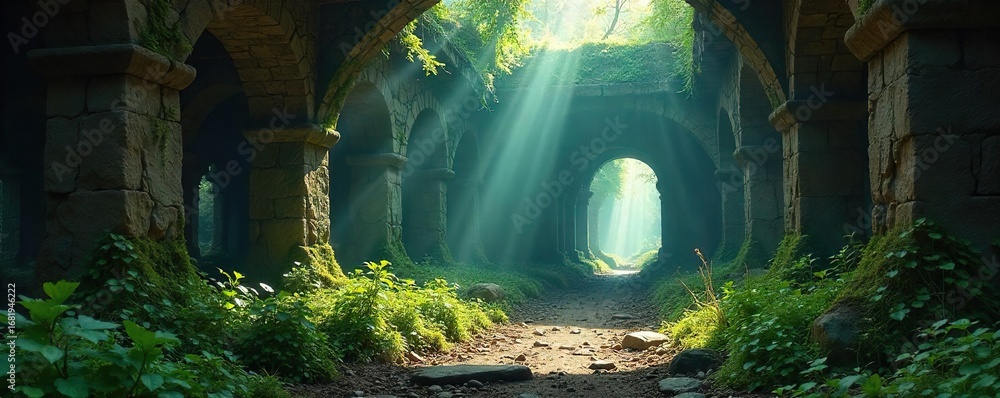 Obraz premium Mysterious, ethereal light beams through ancient, moss-covered ruins, hinting at a divine, otherworldly presence A sense of awe and wonder permeates the sacred, forgotten space , tranquil, heavenly