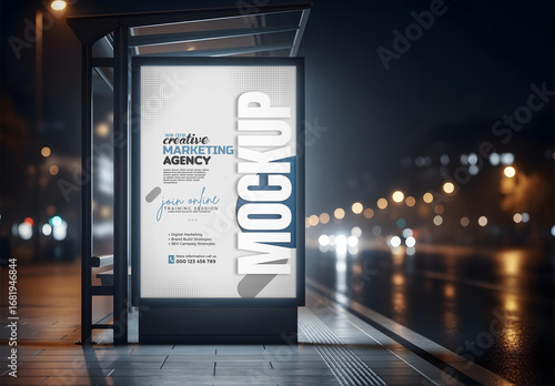 Night Street Billboard Mockup at Bus Stop