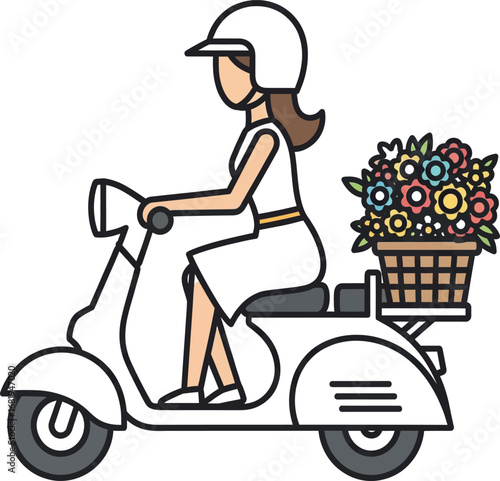 Woman riding a white scooter with a basket of flowers on the back female transportation