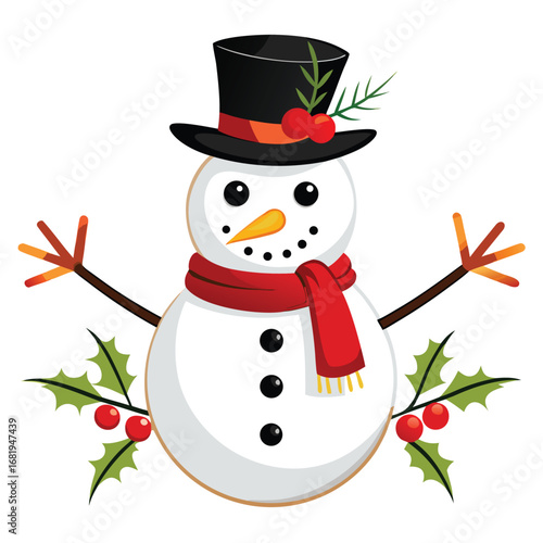 Adorable festive snowman with black top hat red scarf and holly berries spreading holiday cheer in winter vector