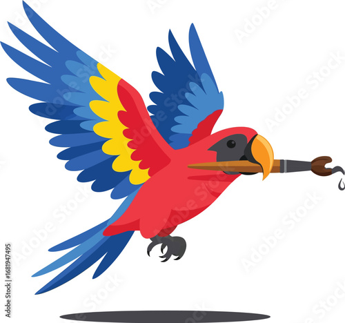 Colorful parrot flying with a paintbrush in its beak on a white background macaw bird