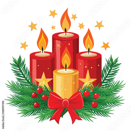 Festive arrangement of four lit candles adorned with pine boughs berries stars and a red bow symbolizing christmas celebration vector