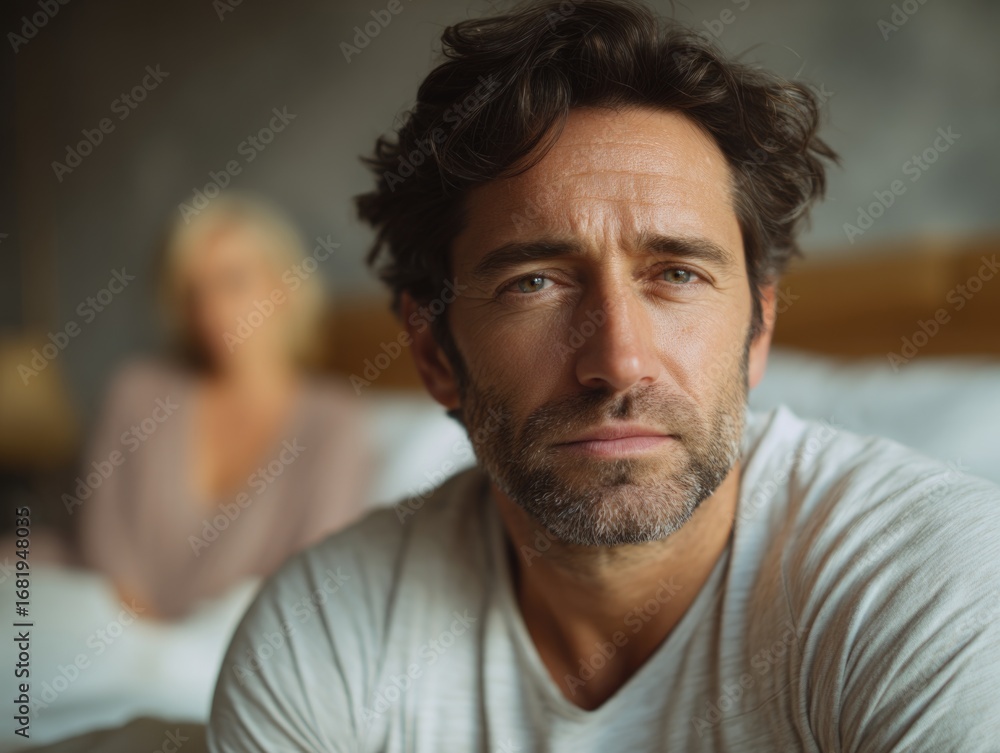 Fototapeta premium Troubled mature man in bedroom feeling male impotence, erectile dysfunction, decreased sexual activity, and intimate relationship issues with partner.