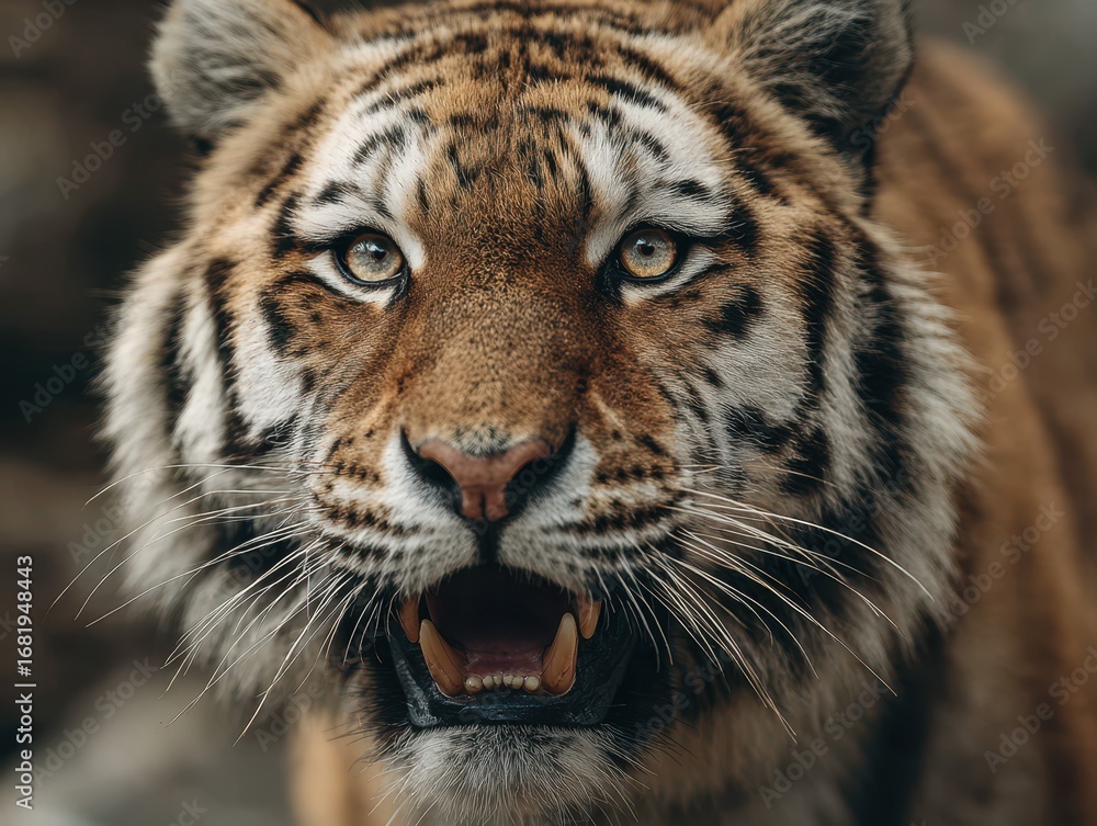 Naklejka premium Majestic tiger roaring in the wild showcasing its powerful presence in a natural habitat during the day