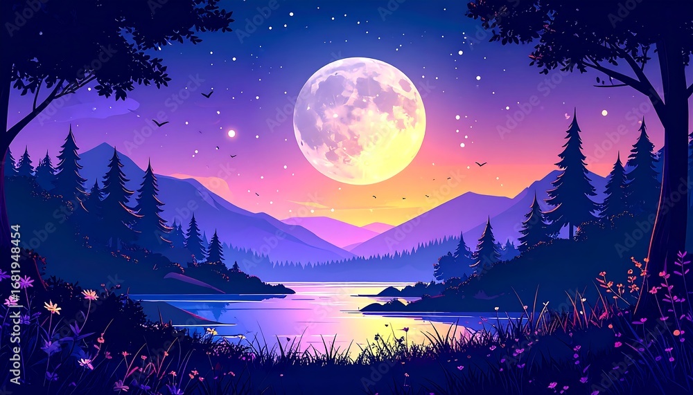 Naklejka premium Nighttime landscape with a large moon